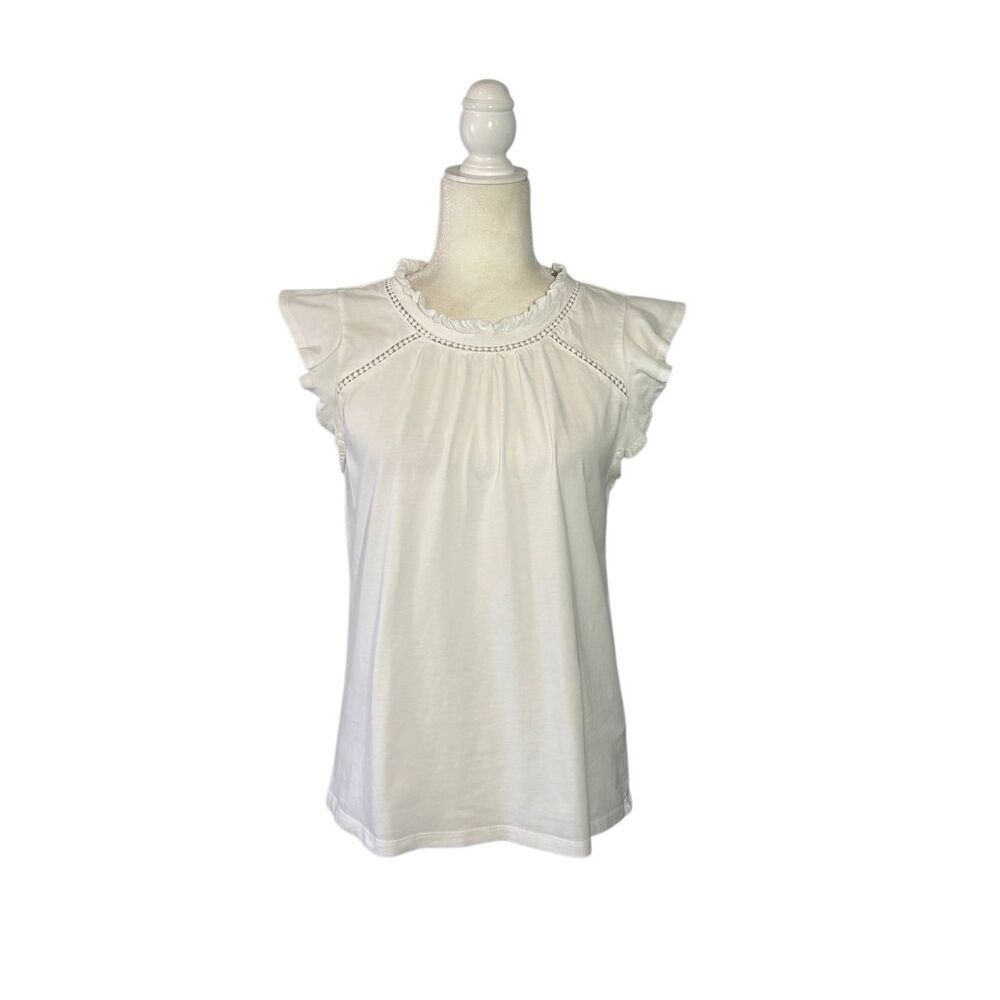 J. Crew white cotton ruffle neck cap sleeve top - S